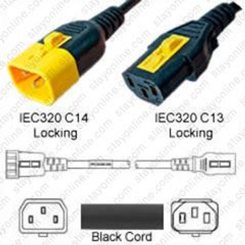 IEC320 C14 Male Plug to C13 Connector V-Lock 0.9 Meters / 3 Feet 10A/250V H05VV-F3G.75 & 18/3 SVT Black - Locking Power Cord