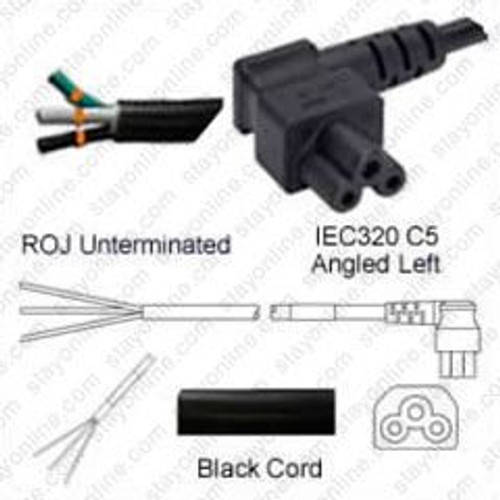 ROJ to IEC320 C5 Female Connector Angled Left 2.5 meters / 8 feet 2.5A/250V 18/3 SJT Black - Power Output Cord