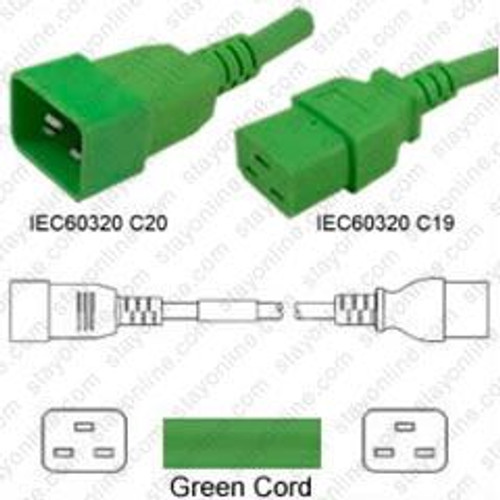 IEC320 C20 Male Plug to C19 Connector 1.2 Meters / 4 Feet 20A/250V 12/3 SJT Green - Power Cord