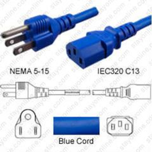 NEMA 5-15 Male Plug to IEC320 C13 Connector 1.8 Meters / 6 Feet 15A/125V 14/3 SJT Blue - Power Cord