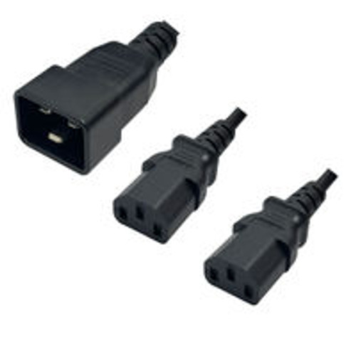 IEC320 C20 Male Plug to 2 Way C13 Connectors 3.0 Meters / 10 Feet 15A/250V 12/3 & 14/3 SJT 24 Inch Legs Black - Splitter Power Cord