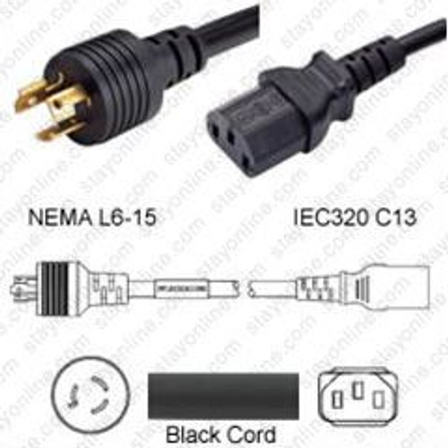 NEMA L6-15 Male Plug to IEC320 C13 Connector 2.5 Meters / 8 Feet 15A/250V 14/3 SJT Black - Locking Power Cord