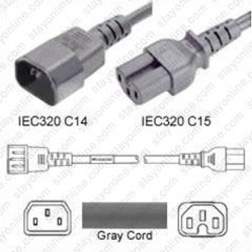 IEC320 C14 Male Plug to C15 Connector 0.9 Meters / 3 Feet 15A/250V 14/3 SJT Gray - Power Cord