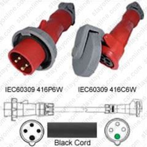 IEC60309 416P6W Male Plug to 416C6W Connector 3.0 Meters / 10 Feet 16A/415V 12/4 SOOW Black - Power Extension Cord