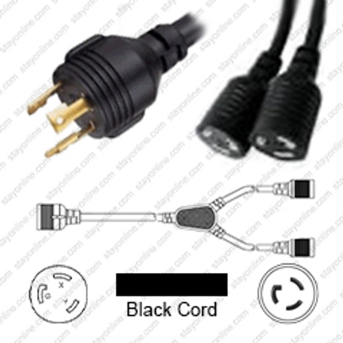 NEMA L6-30 Male Plug to 2 Way L6-20 Connectors 2.5 Meters / 8 Feet 20A/250V 10/3 & 12/3 SJT 24 Inch Legs Black - Splitter Power Cord