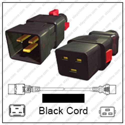 IEC320 C20 Male Plug to C19 Connector Z-LOCK 1.0 Meters / 3.25 Feet 20A/250V 12/3 SJT Black - Locking Power Cord