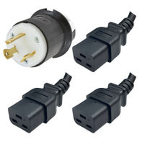 NEMA L6-30 Male Plug to 3 Way IEC320 C19 Connectors 0.8 Meters / 2.5 Feet 20A/250V 10/3 & 12/3 SJT 24 Inch Legs Black - Splitter Power Cord