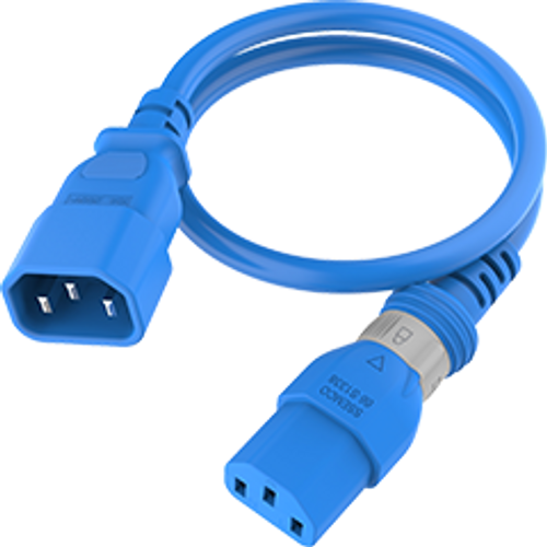 IEC320 C14 Male Plug to C13 Connector S-Lock 0.9 Meters / 3 Feet 15A/250V 14/3 SJT Blue - Universal Locking Power Cord