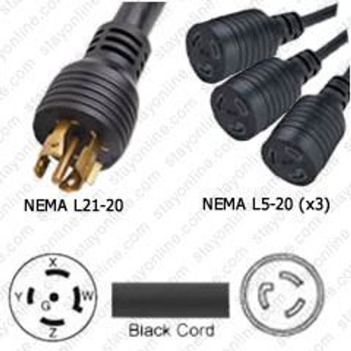 NEMA L21-20 Male Plug to 3 Way L5-20 Connectors 2.5 Meters / 8 Feet 20A/120V 10/5 & 12/3 SOOW 24 Inch Legs Black - Splitter Power Cord