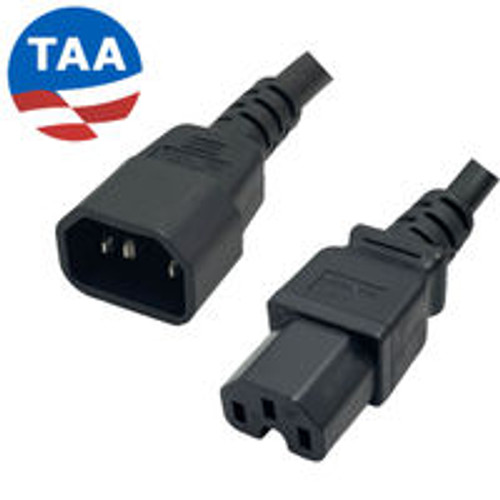 IEC320 C14 Male Plug to C15 Connector 1.8 Meters / 6 Feet 15A/250V 14/3 SJTOOW Black - Power Cord - TAA Compliant