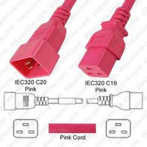 IEC320 C20 Male Plug to C19 Connector 2.5 Meters / 8 Feet 20A/250V 12/3 SJT Pink - Power Cord