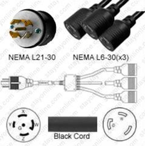 NEMA L21-30 Male Plug to 3 Way L6-30 Connectors 2.0 Meters / 6.5 Feet 30A/208V 8/5 STO & 10/3 SJT 24 Inch Legs Black - Splitter Power Cord