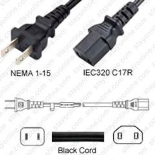 NEMA 1-15 Male Plug to IEC320 C17 Connector 1.8 Meters / 6 Feet 10A/125V 18/2 SJT Black - Power Cord