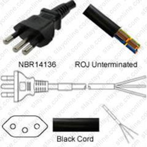 Brazil NBR14136 Male Plug to ROJ 1.8 Meters / 6 Feet 10A/250V H05VV-F3G1.0 Black - Country Power Supply Cord