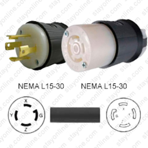 NEMA L15-30 Male Plug to L15-30 Connector 3.0 Meters / 10 Feet 30A/250V 8/4 SOOW Black - Locking Power Cord