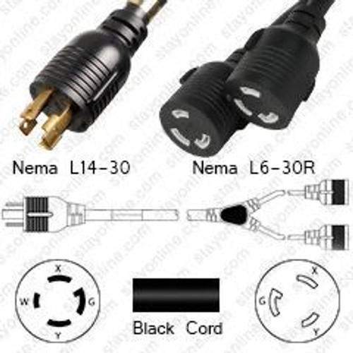 NEMA L14-30 Male Plug to 2 Way L6-30 Connectors 2.5 Meters / 8 Feet 30A/250V 10/3 SOOW 24 Inch Legs Black - Splitter Power Cord