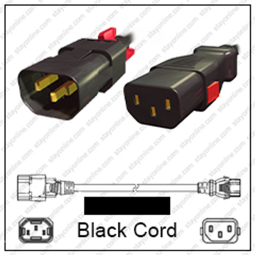 IEC320 C14 Male Plug to C13 Connector Z-LOCK 1.2 Meters / 4 Feet 15A/250V 14/3 SJT Black - Locking Power Cord