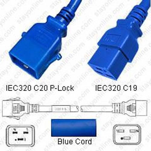 IEC320 C20 Male Plug to C19 Connector P-Lock 0.6 Meters / 2 Feet 20A/250V 12/3 SJT Blue - Locking Power Cord