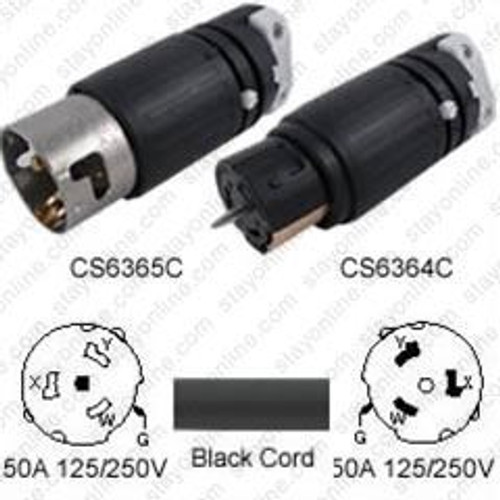 California Style CS6365C Male Plug to CS6364C Connector 15.0 Meters / 50 Feet 50A/250V 6/4 SOOW Black - Locking Power Cord