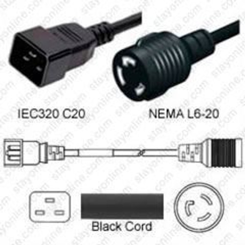 IEC320 C20 Male Plug to NEMA L6-20 Connector 0.3 Meters / 1 Foot 20A/250V 12/3 SJT Black - Pigtail Plug Adapter