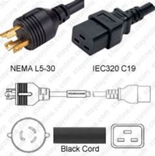 NEMA L5-30 Male Plug to IEC320 C19 Connector 4.5 Meters / 15 Feet 20A/125V 12/3 SJT Black - Locking Power Cord