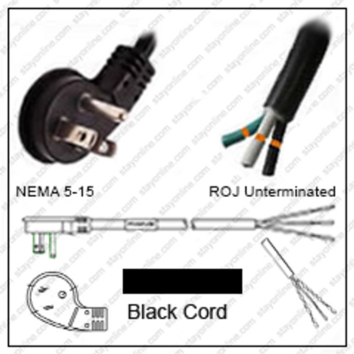NEMA 5-15 Male Plug Low Profile to ROJ 2.5 Meters / 8 Feet 15A/125V 14/3 SJT Black - Power Supply Cord
