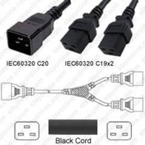 IEC320 C20 Male Plug to 2 Way C19 Connectors 1.8 Meters / 6 Feet 20A/250V 12/3 SJT 24 Inch Legs Black - Splitter Power Cord