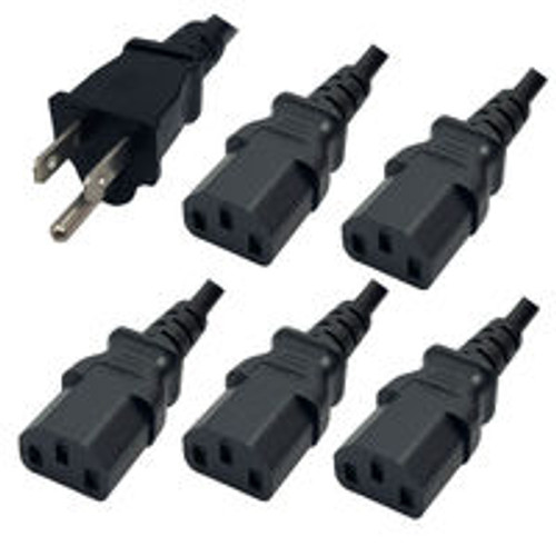 NEMA 5-15 Male Plug to 5 Way IEC320 C13 Connectors 3.0 Meters / 10 Feet 15A/125V 14/3 SJT 24 Inch Legs Black - Splitter Power Cord