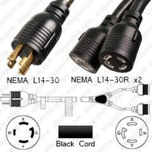 NEMA L14-30 Male Plug to 2 Way L14-30 Connectors 2.5 Meters / 8 Feet 30A/250V 10/4 SOOW 24 Inch Legs Black - Splitter Power Cord