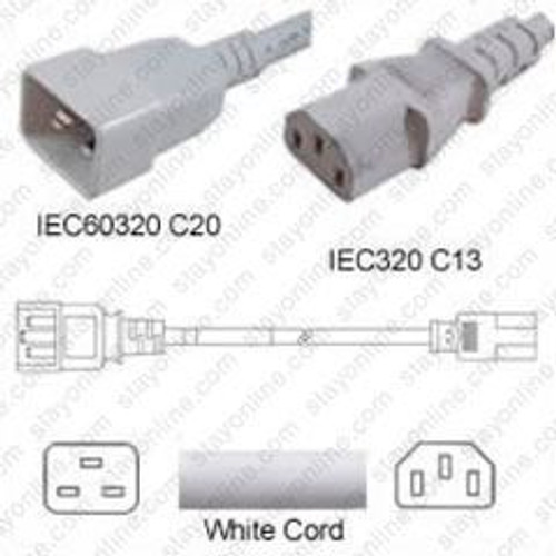 IEC320 C20 Male Plug to C13 Connector 2.7 Meters / 9 Feet 15A/250V 14/3 SJT White - Power Cord