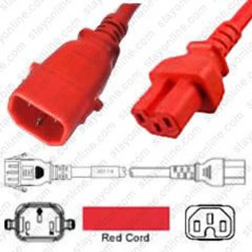 IEC320 C14 Male Plug to C15 Connector P-Lock 4.5 Meters / 15 Feet 15A/250V 14/3 SJT Red - Locking Power Cord