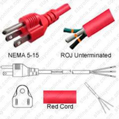 NEMA 5-15 Male Plug to ROJ 4.5 Meters / 15 Feet 15A/125V 14/3 SJT Red - Power Supply Cord