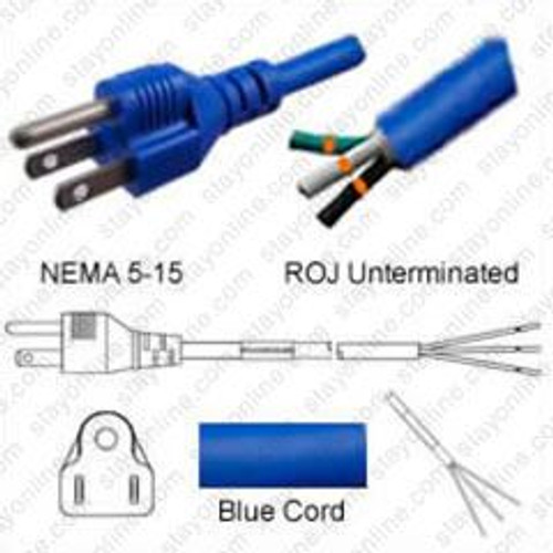 NEMA 5-15 Male Plug to ROJ 4.5 Meters / 15 Feet 15A/125V 14/3 SJT Blue - Power Supply Cord