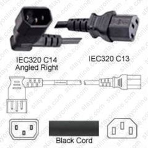 IEC320 C14 Male Plug Angled Right to C13 Connector 0.9 Meters / 3 Feet 10A/250V 18/3 SJT Black - Power Cord