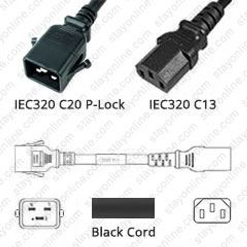 IEC320 C20 Male Plug to C13 Connector P-Lock 1.8 meters / 6 feet 15A/250V 14/3 SJT Black - Locking Power Cord
