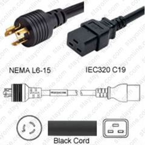 NEMA L6-15 Male Plug to IEC320 C19 Connector 1.8 Meters / 6 Feet 15A/250V 14/3 SJT Black - Locking Power Cord