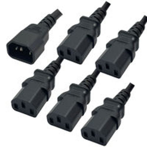 IEC320 C14 Male Plug to 5 Way C13 Female Connectors 3.0 Meters / 10 Feet 15A/250V 14/3 SJT 24 Inch Legs Black - Splitter Power Cord