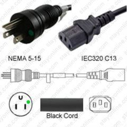 NEMA 5-15 Male Plug to IEC320 C13 Connector Shielded 4.5 Meters / 15 Feet 10A/125V 18/3 SJT Black - Hospital Grade Power Cord