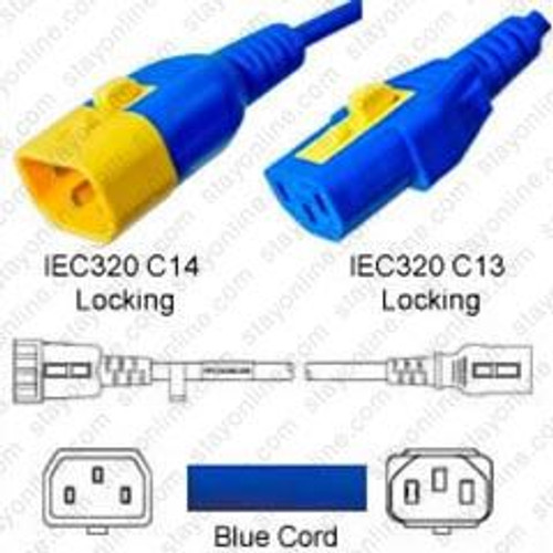 IEC320 C14 Male Plug to C13 Connector V-Lock 0.9 meters / 3 feet 10A/250V H05VV-F3G.75 & 18/3 SVT Blue - Locking Power Cord