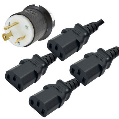 83690 - NEMA L6-30 Male Plug to 4 Way IEC320 C13 Connectors 0.9 Meters / 3 Feet 15A/250V 12/3 & 14/3 SJT 24 Inch Legs Black - Splitter Power Cord