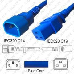 3079MTS - IEC320 C14 Male Plug to C19 Connector 0.6 meters / 2 feet 15A/250V 14/3 SJT Blue - Power Cord