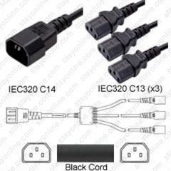 2039MTO - IEC320 C14 Male Plug to 3 way C13 Connectors 1.2 meters / 4 feet 10A/250V 18/3 SJT 12 inch legs Black - Splitter Power Cord