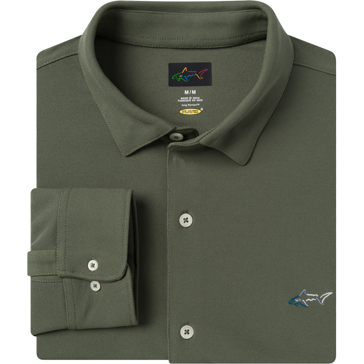 Greg Norman Collection Men's Long Sleeve Full Button Pique Polo Shirt in Navy, Size Large, Polyester/Fabric