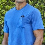 Model wearing blue t-shirt