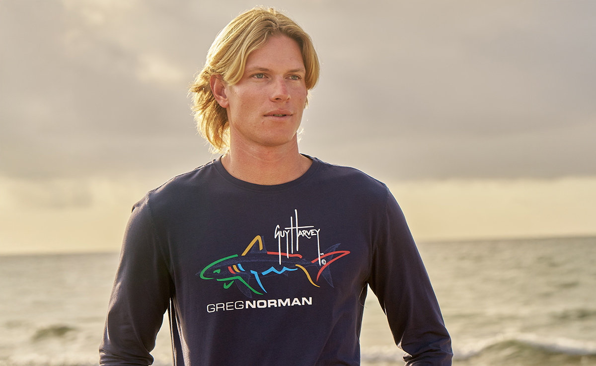 Model in Navy Long Sleeve Tee