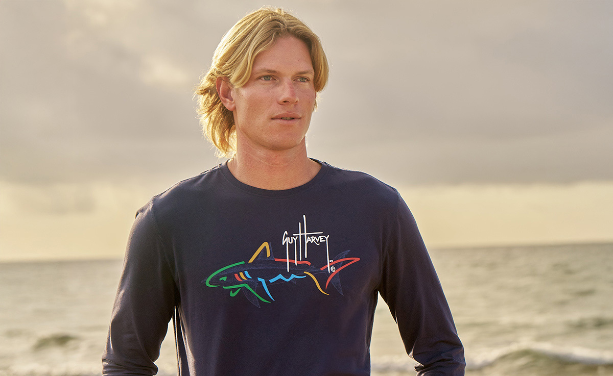 Model in Navy Long Sleeve Tee