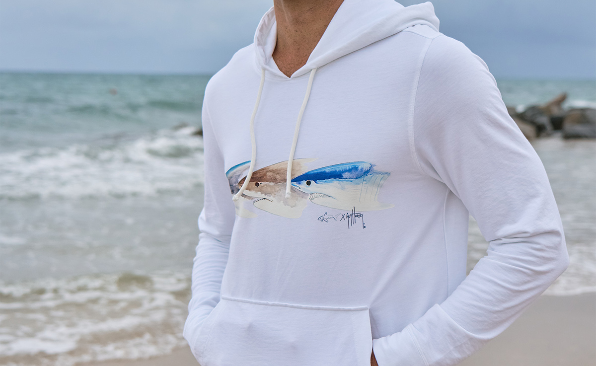 Model in White Shark Hoodie