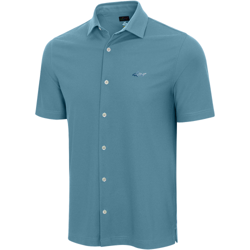 Greg Norman Collection Men's Full Button Pique Polo Shirt in Teal Breeze, Size Large, Polyester/Fabric