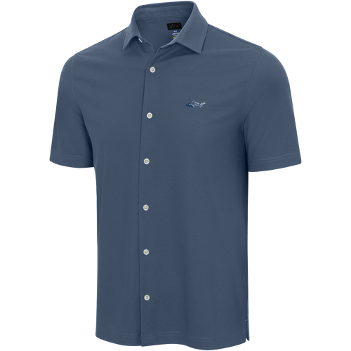 Greg Norman Collection Men's Full Button Pique Polo Shirt in Vintage Indigo, Size Small, Polyester/Fabric