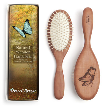 Natural wood pin hair brush with rubber cushion for gentle brushing